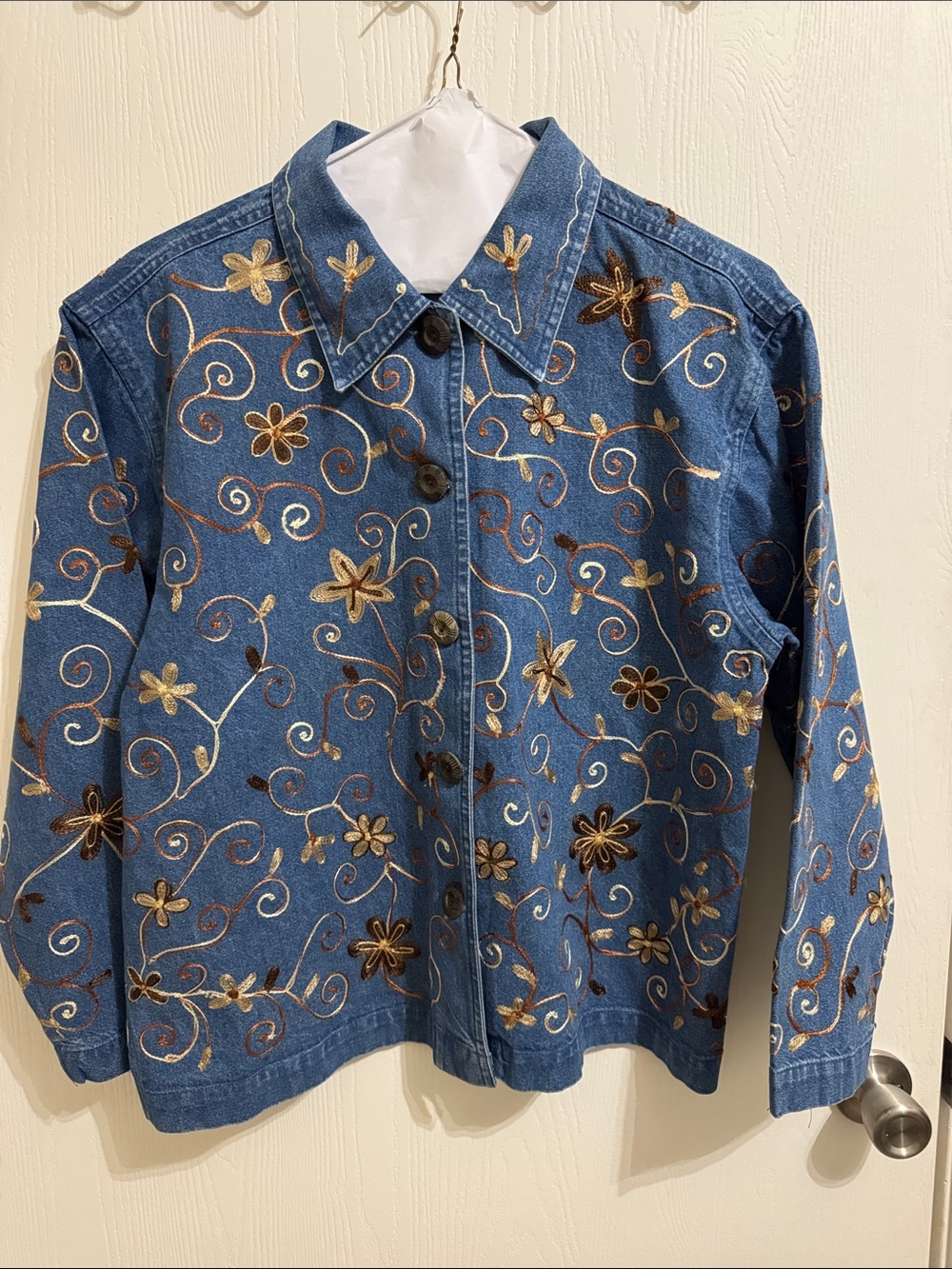 Units Embroidered Cotton Denim Jacket Boho Floral Wood Buttons Long Sleeve Large